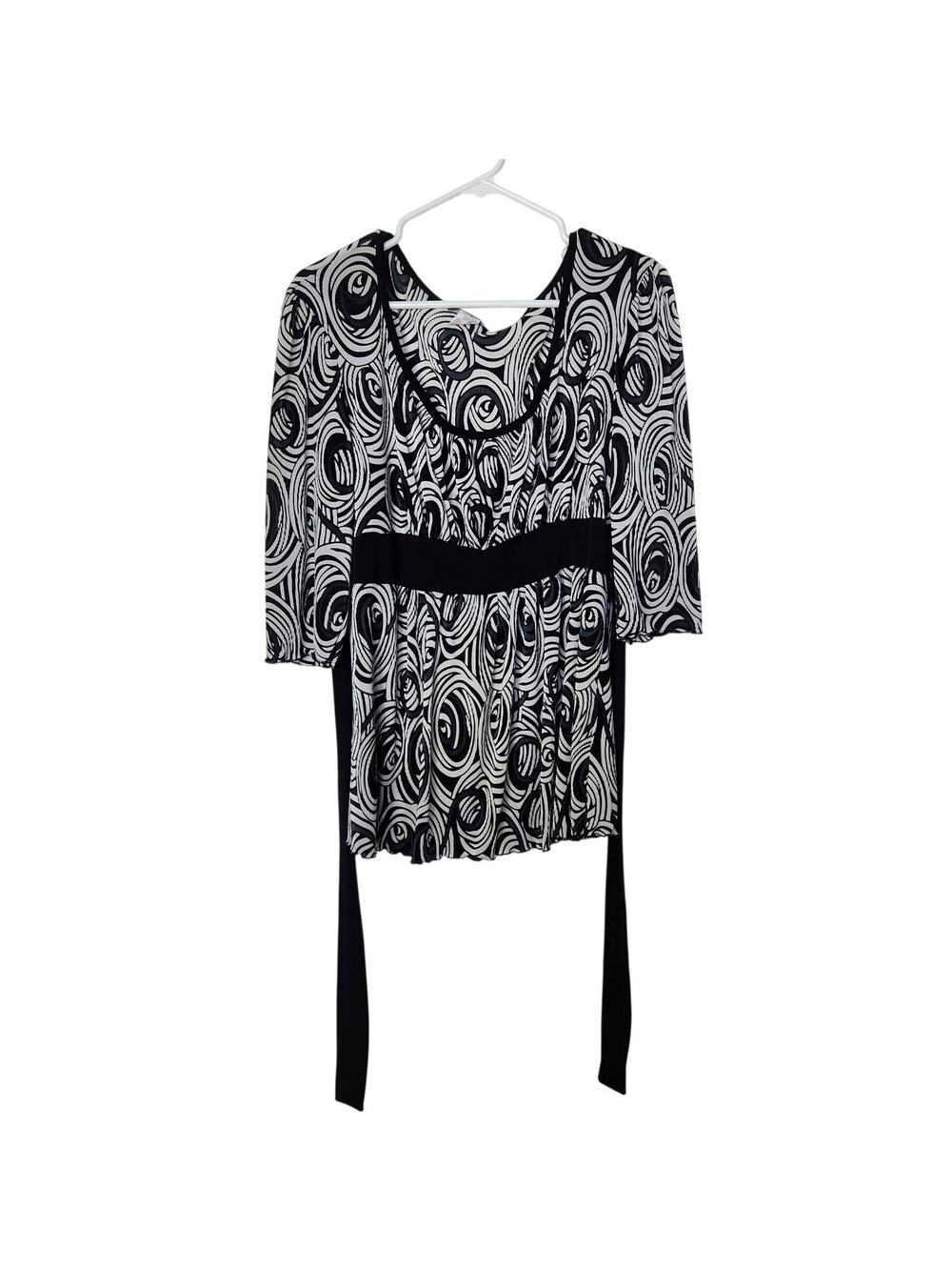 Goddess Black White Swirl Abstract 3/4 Sleeves Tie-Waist Tunic Blouse Size XL